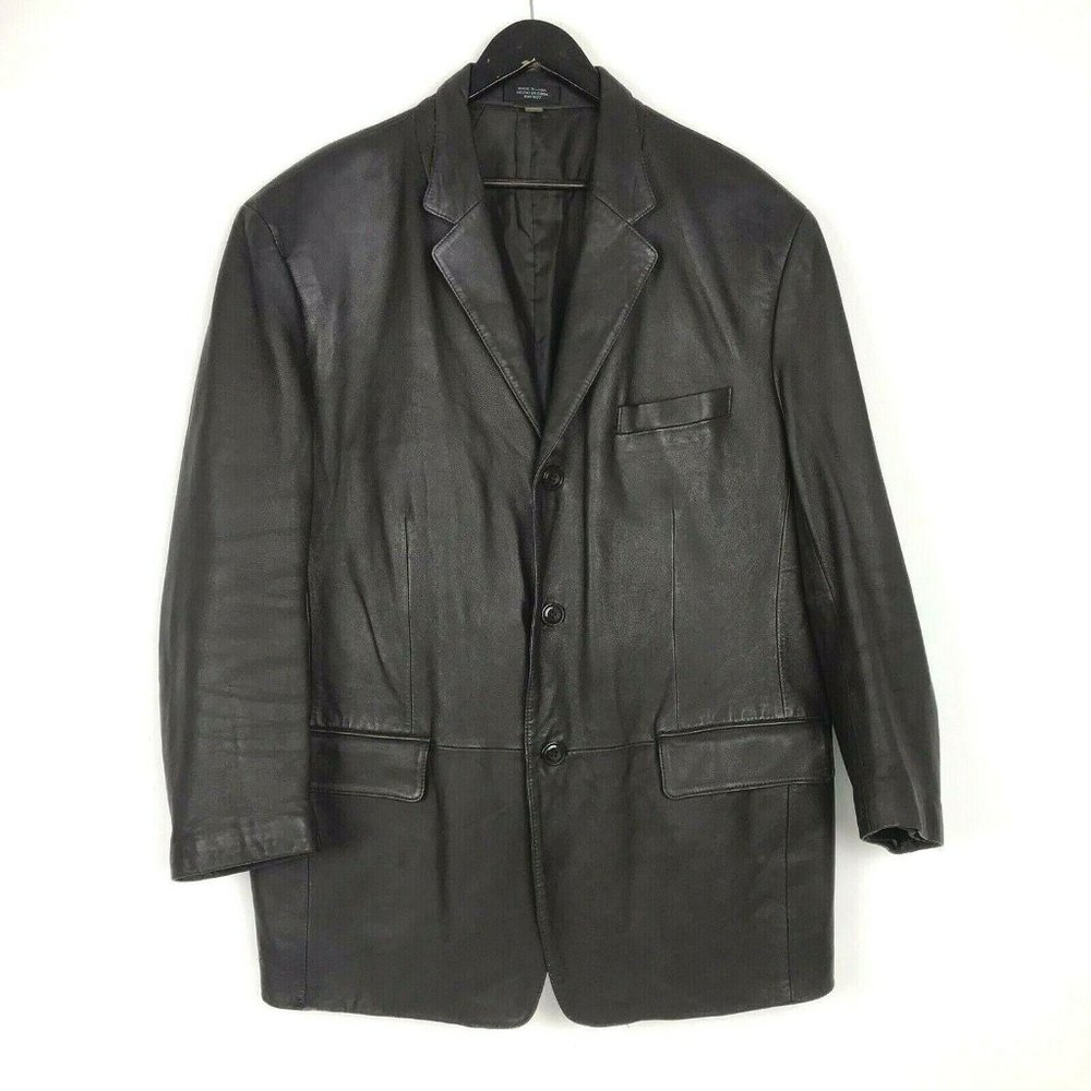J Ferrar L Mens Brown Leather Jacket Blazer 3 Button Front Chest Pockets